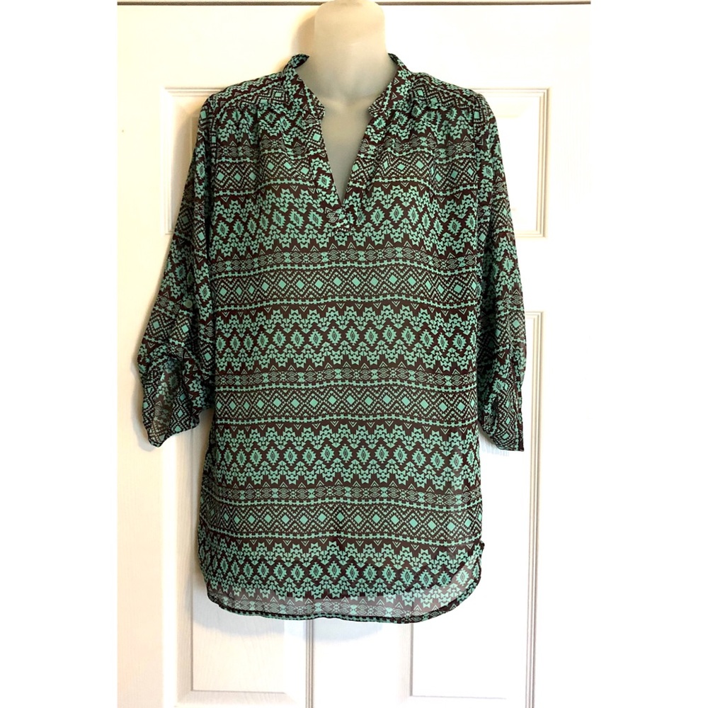 Riley & James Sheer Mint & Brown Popover Top